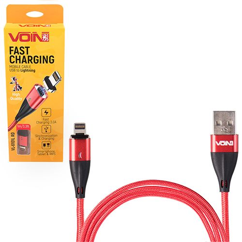 Кабель магнітний VOIN USB - Lightning 3А, 2m, red (швидка зарядка / передача даних)
