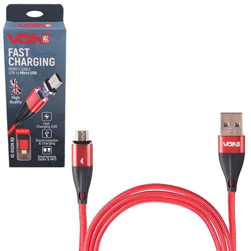 Кабель магнітний VOIN USB - Micro USB 3А, 2m, red (швидка зарядка / передача даних)